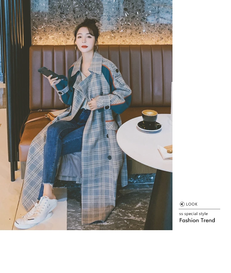 Brand New Korean Style Oversize Long Trench Coat For Women Patchwork Plaid With Belt Double-Breasted Lady Duster Coat Cloak white puffer coat