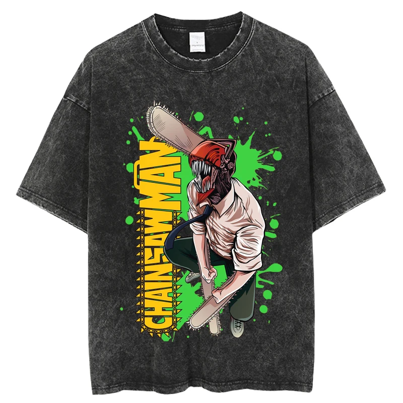 

Hip Hop Streetwear Men Black Tshirt Washed Vintage Chainsaw Man Anime Graphic T-Shirt 2023 Summer Short Sleeve Cotton T Shirt