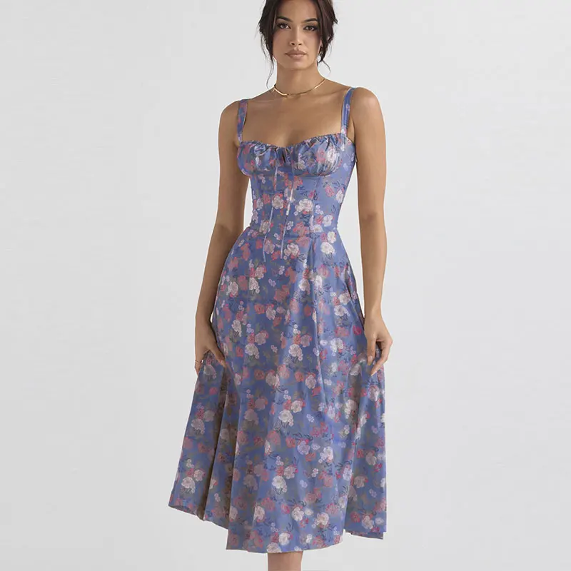 Robe à bretelles imprimée florale pour femmes, robe trapèze élégante, couleur unie, coupe couvertes, fente latérale, taille, été 2023 27