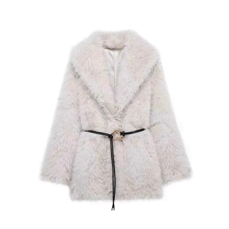 2025 Winter Hot Brown Belted Faux Fur Coat Women Thick Warm Long Fox Fur Jacket Chic Brand Fashion Girls Furry Overcoat