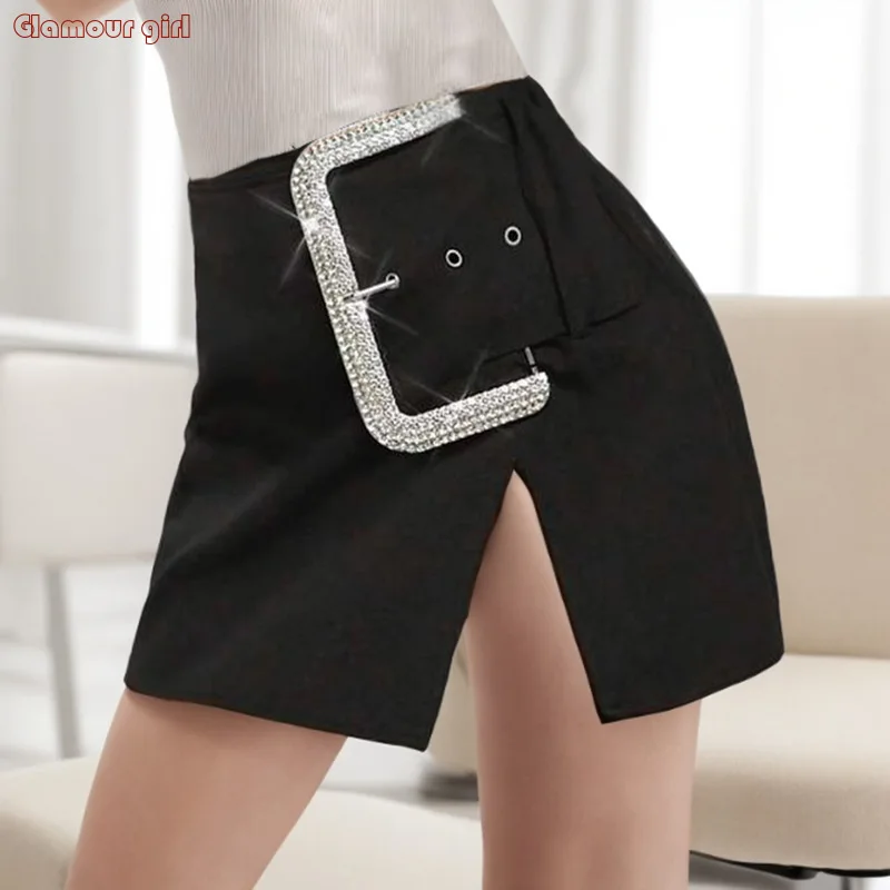 European and American Spicy Girl Style Short Skirt Splicing with Diamond Waist Buckle Decoration Split Short Skirt for Women luxury women s belt genuine leather versatile coat skirt decoration wide waistband simple and fashionable belt high end feeling