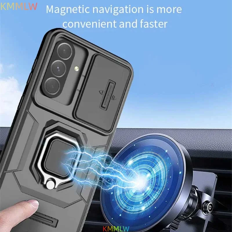 Shockproof Magnetic Ring Holder Armor Case with Slide Lens Camera Protection Cover
