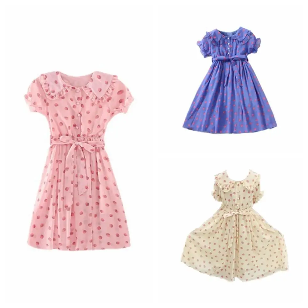 Elegant Doll Collar Girls Princess Dress Teens Party Summer Dot Dress Beach Vacation Sweet Children Dress Summer