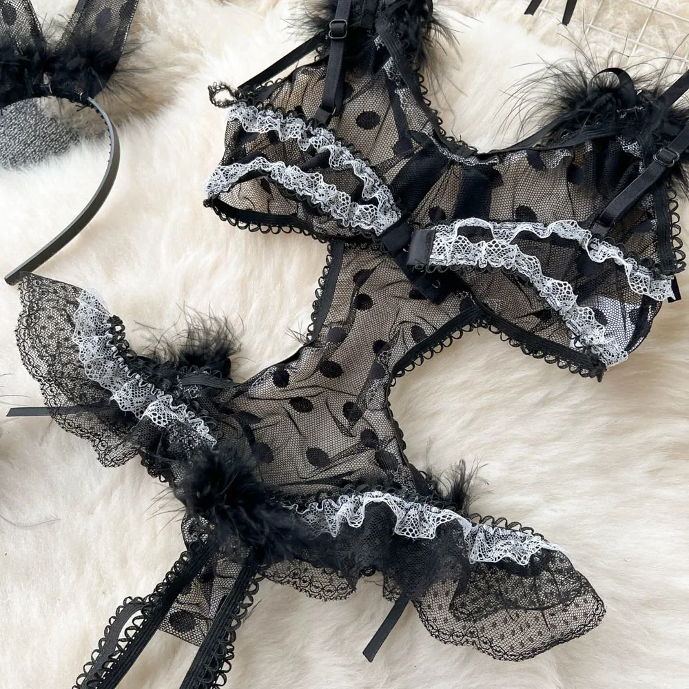 Women Sexy Erotic Lingerie V-Neck Strap Polka Dot Transparent Lace Bodysuit Hot Sleepwear Catsuit Cosplay Uniform Bow Playsuit