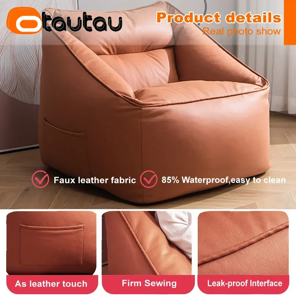 OTAUTAU Filled Adults Faux Leather Bean Bag with Filler Single Sofa Pouf Ottoman Armchair Beanbag Chair Lazy Couch SF054