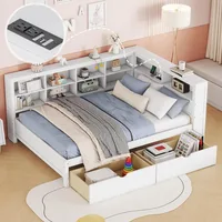 Daybed with Storage Drawers and Bookcase, L-Shape Daybed with USB Ports and Headboard with Storage Headboard, Corner Bed Frame 1