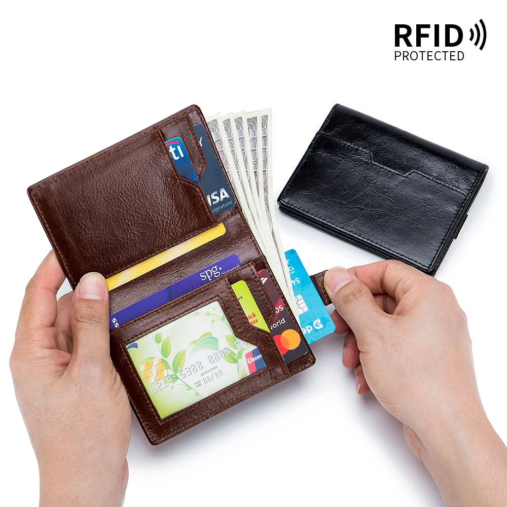 

Vintage Top-grain Leather Ultra-thin Short Wallet RFID Multiple Card Slots Pull-out Card Holder Genuine Leather Fashion Coin Pur