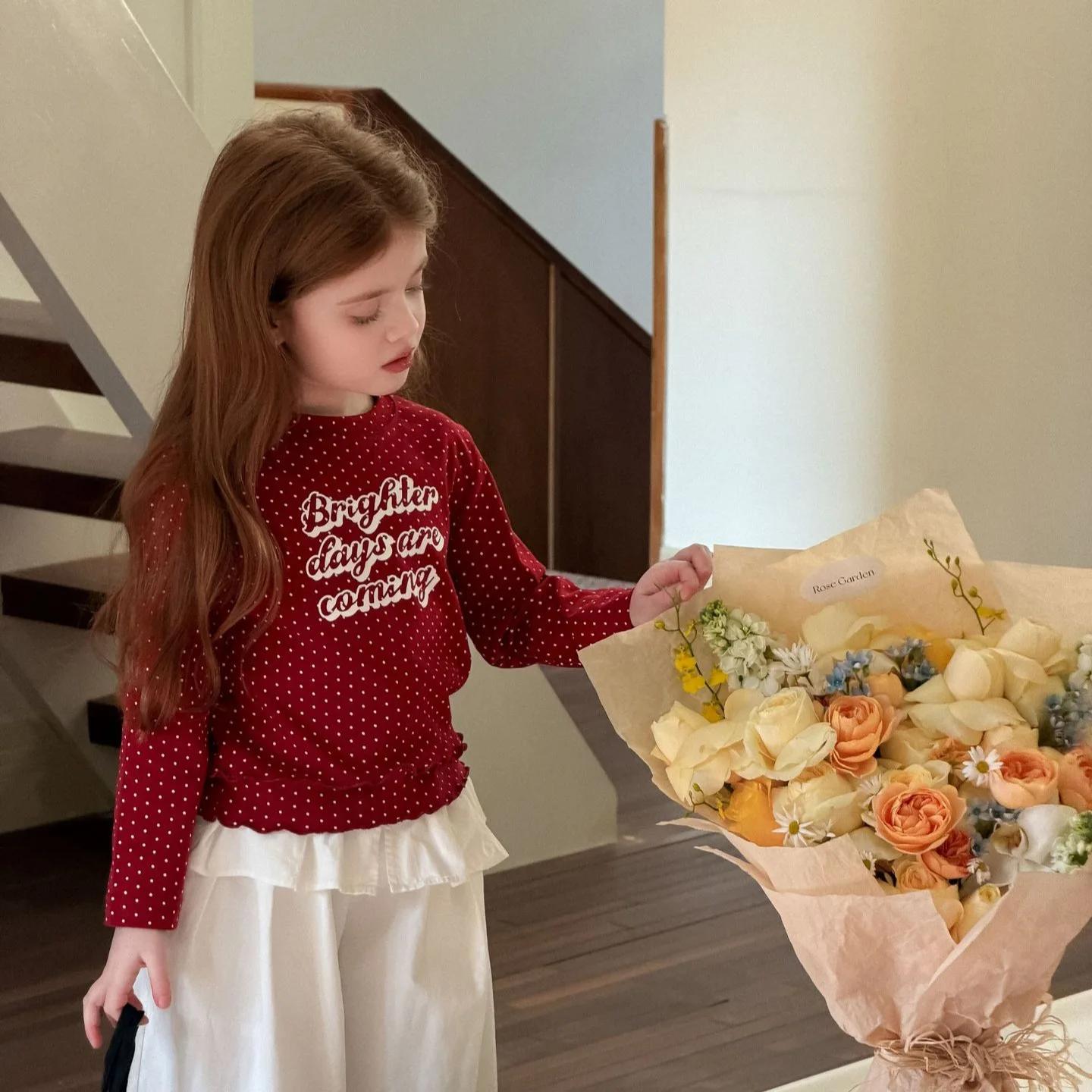 여아 상의 2026 봄 신상 미국식 폴카 도트 레터링 폴카 도트 프린트 캐주얼 패션 데일리 스타일리쉬 만능룩