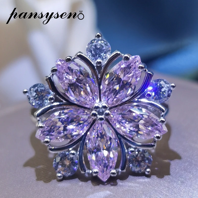 

PANSYSEN Romantic 100% 925 Sterling Silver Flower Pink Sapphite Diamond Gemstone Rings for Women Luxury Fine Jewelry Wholesale