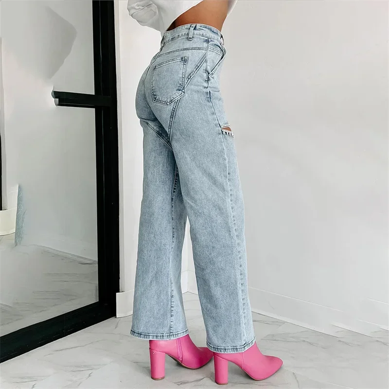 2024 Fashion Thigh Split Diamante Decoration Straight Jeans Women Casual Denim Trousers High Waist Pants Female Trend Streetwear