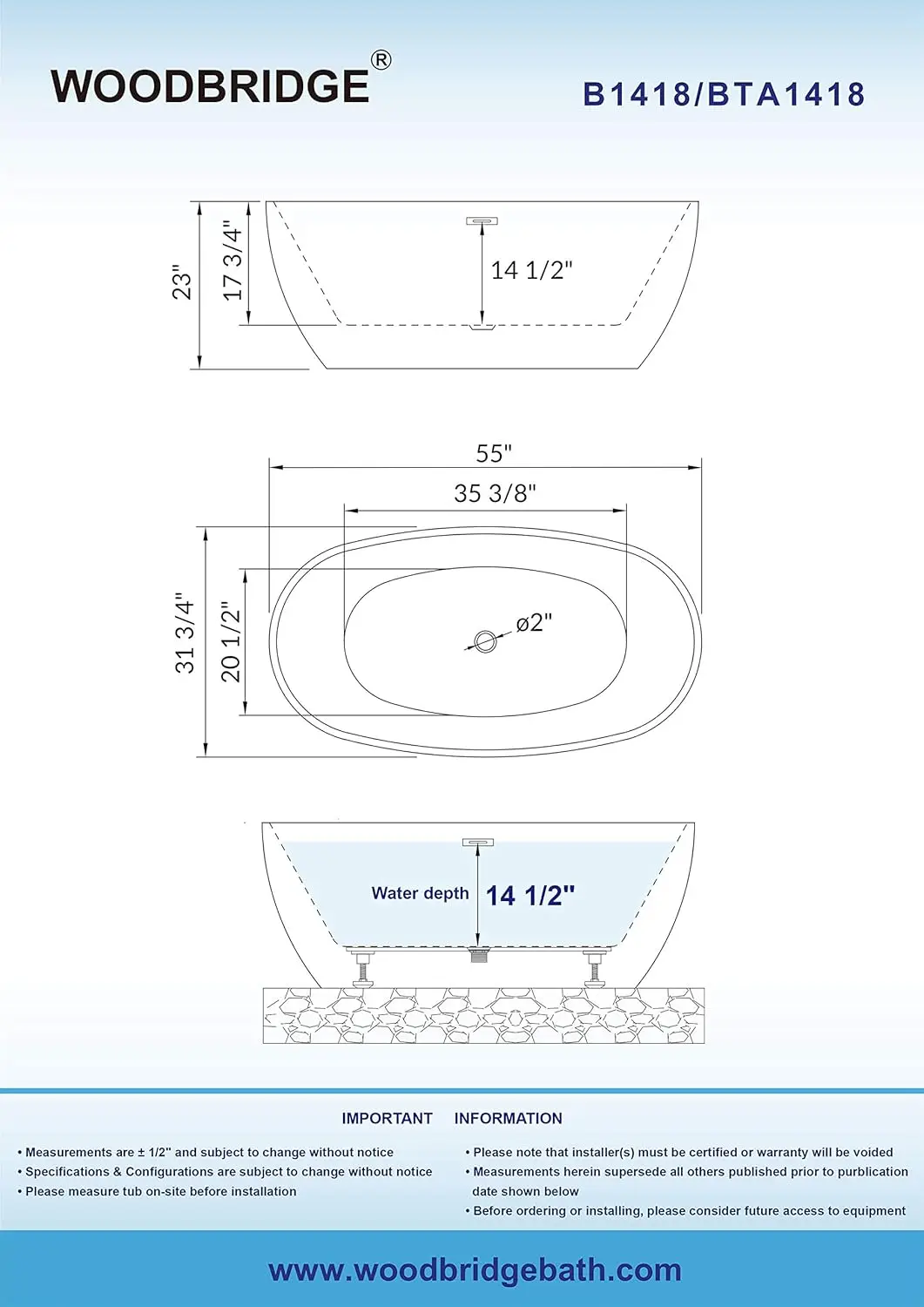 55 inch Acrylic Freestanding Bathtub Contemporary Soaking White Tub with Brushed Nickle Overflow and Drain DURABLE 6