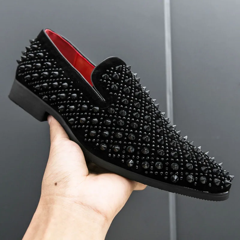 New Black Rivet Rhinestones Pointed Slip On Shoes Men Designer
