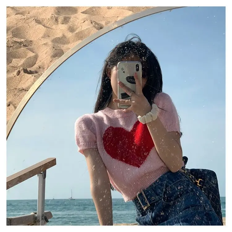 Blusa elegante y juvenil de estilo preppy, blusa de verano para mujer, camiseta de punto dulce, top corto, moda coreana