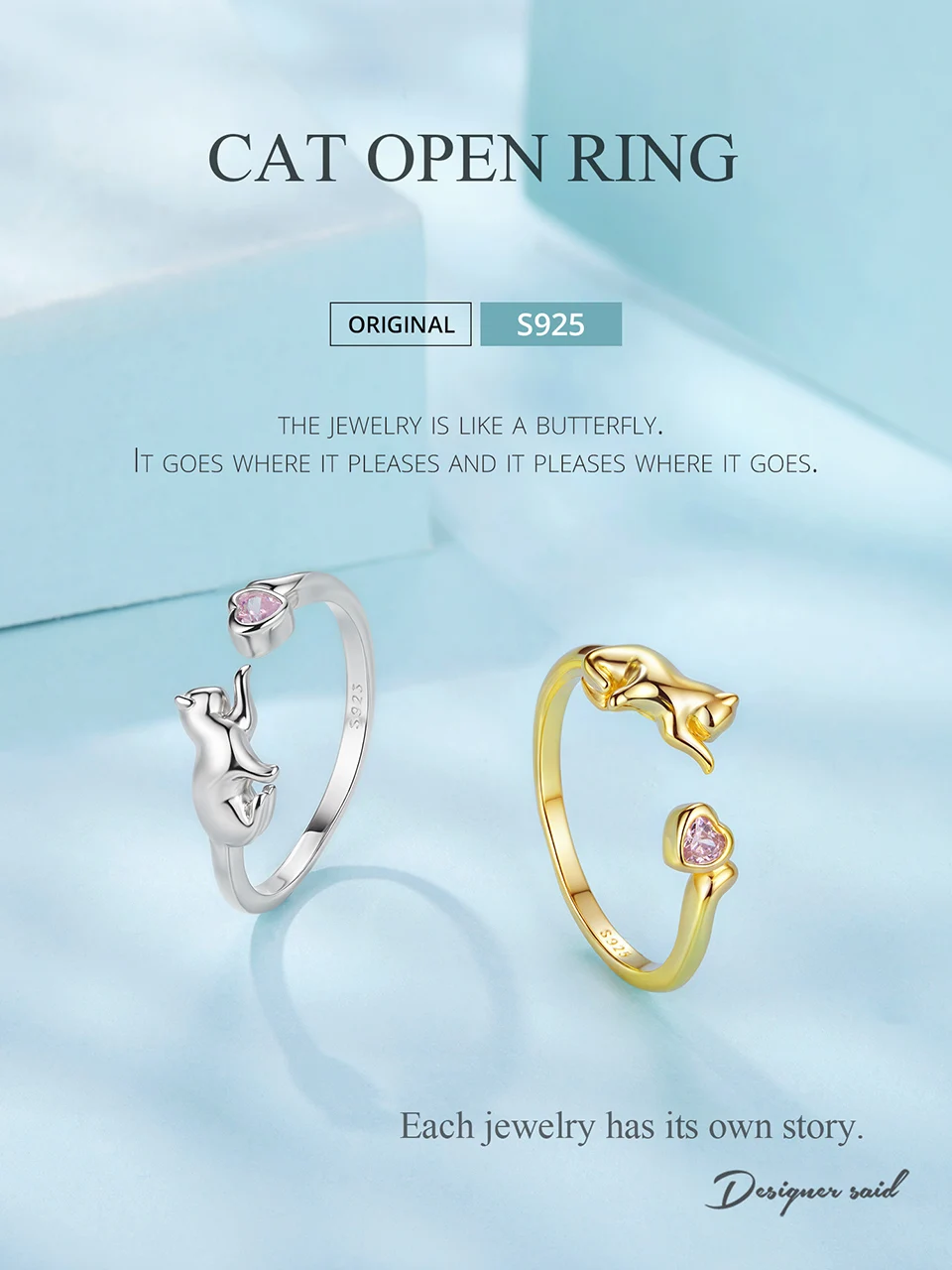 Sterling Silver Pet Cat Ring With Pink Heart Zirconia - PeticaDeals