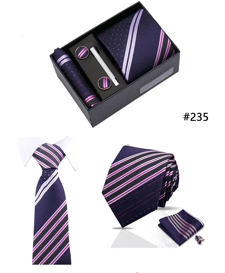 Top Quality Tie Set Gift Box Necktie Pocket Squares Cufflinks Tie-Clip Set With Black Box Men Birthday Gift Gravatas Accessories