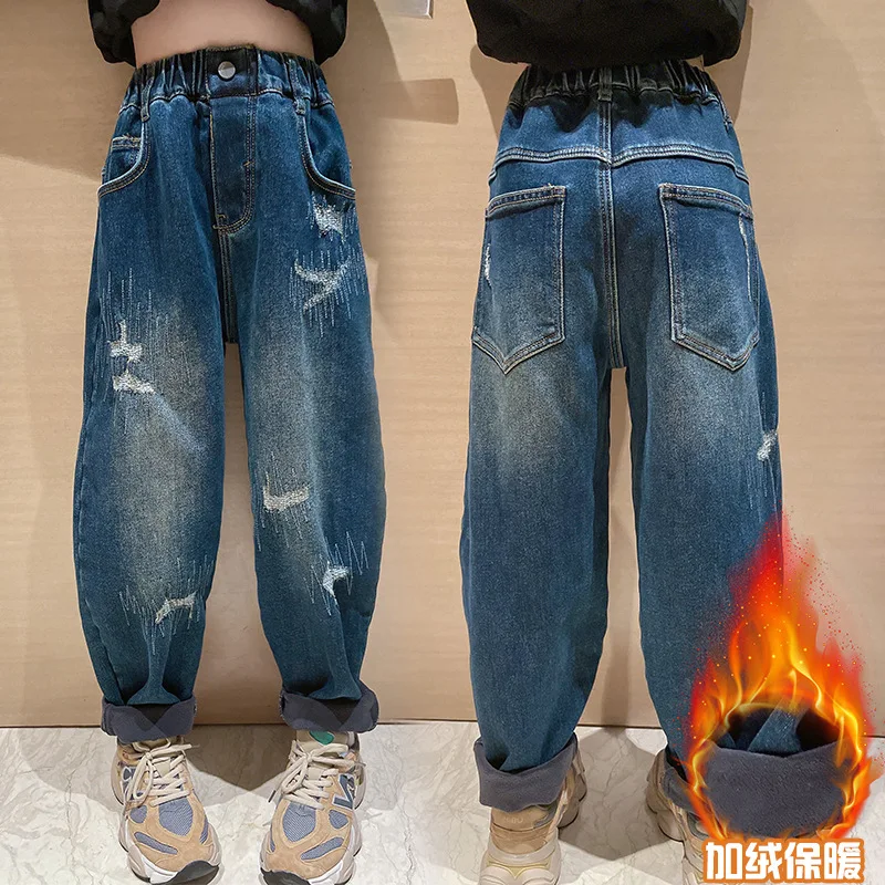 

Winter Plush Thick Warm Jeans for Girls Fashion New Ripped Denim Trousers Elastic Waist Casual Pants Children's Clothing 4-14 Y