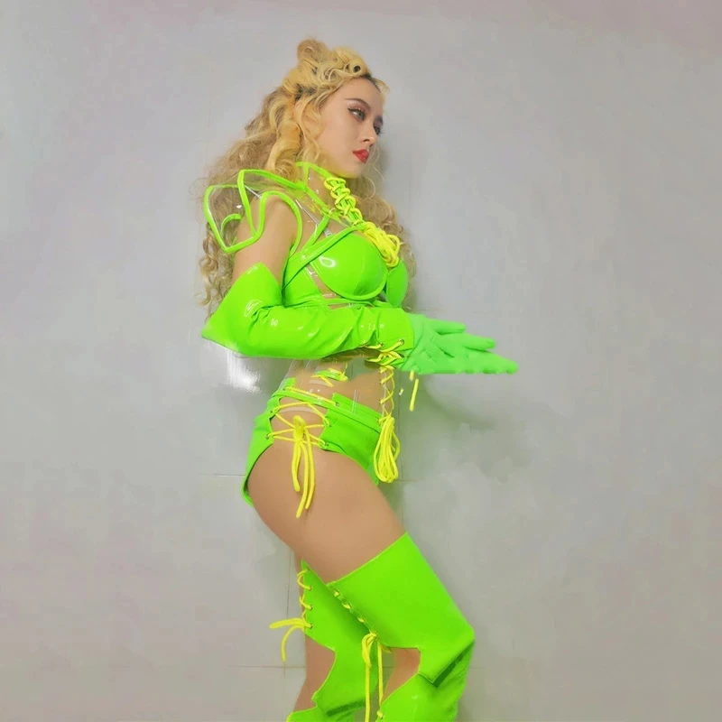 

Strap Neon Green Transparent Tops Club Stage Wear Singer Stage Performance Clothing Gogo Pole Dance Rave Outfits
