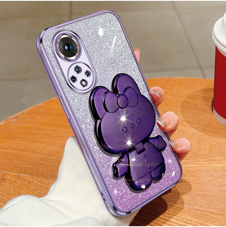 Honor50 Glitter Rabbit Makeup Mirror Holder Case On For Huawei Honor 60 50 90 30 20 Lite 30s Soft Cover Nova 10 11 Pro_voghion.com
