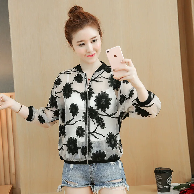 Women Chiffon Sun Flowers Printting Jacket Spring Summer Thin Coat Female Long Batwing Sleeve Tops Woman Perspective Clothes