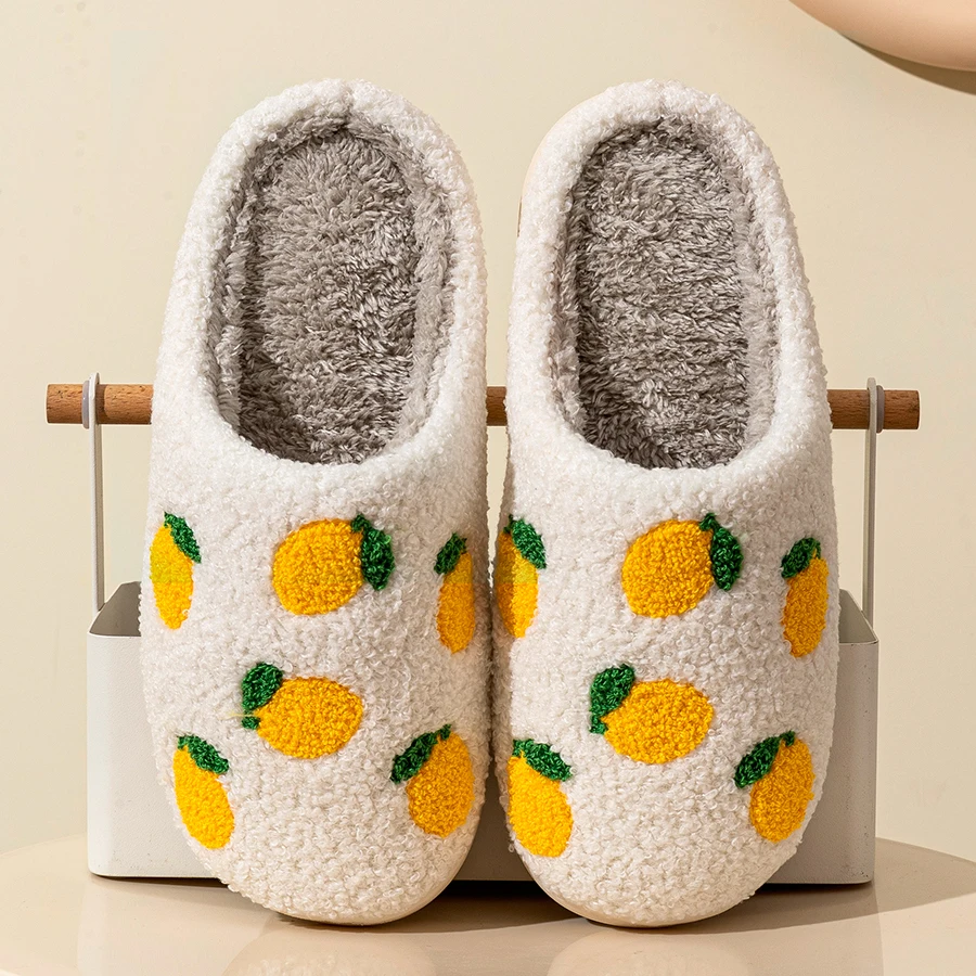 Lässige Schlafzimmer-Hausschuhe, einfaches Zitronen-gesticktes Muster, Damen-Winter-Innenbereich, weiche Sohle, warm, niedlich, flauschig, bequeme Schuhe für Zuhause
