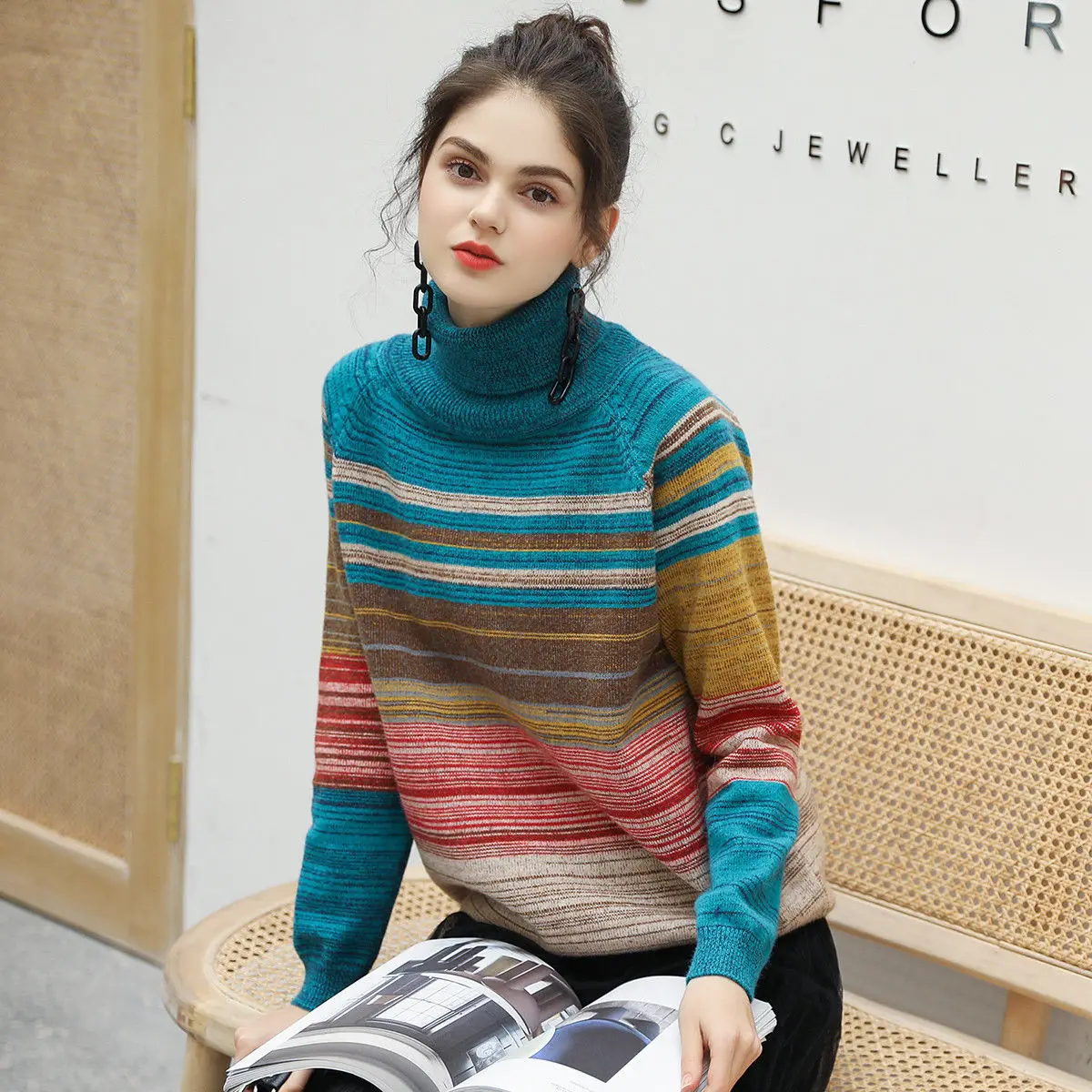 

Fashion Tops 2023 Women Winter New Loose Mid-length Wide Striped Thick Half Turtleneck Knitted Pullover Women's Sweater Y24