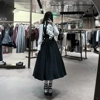 Lolita Dress 2 Piece Set: Women Bib Collar White Long Sleeve Blouse +Black Draped Suspenders Jumperskirt Harajuku Vestidos 2