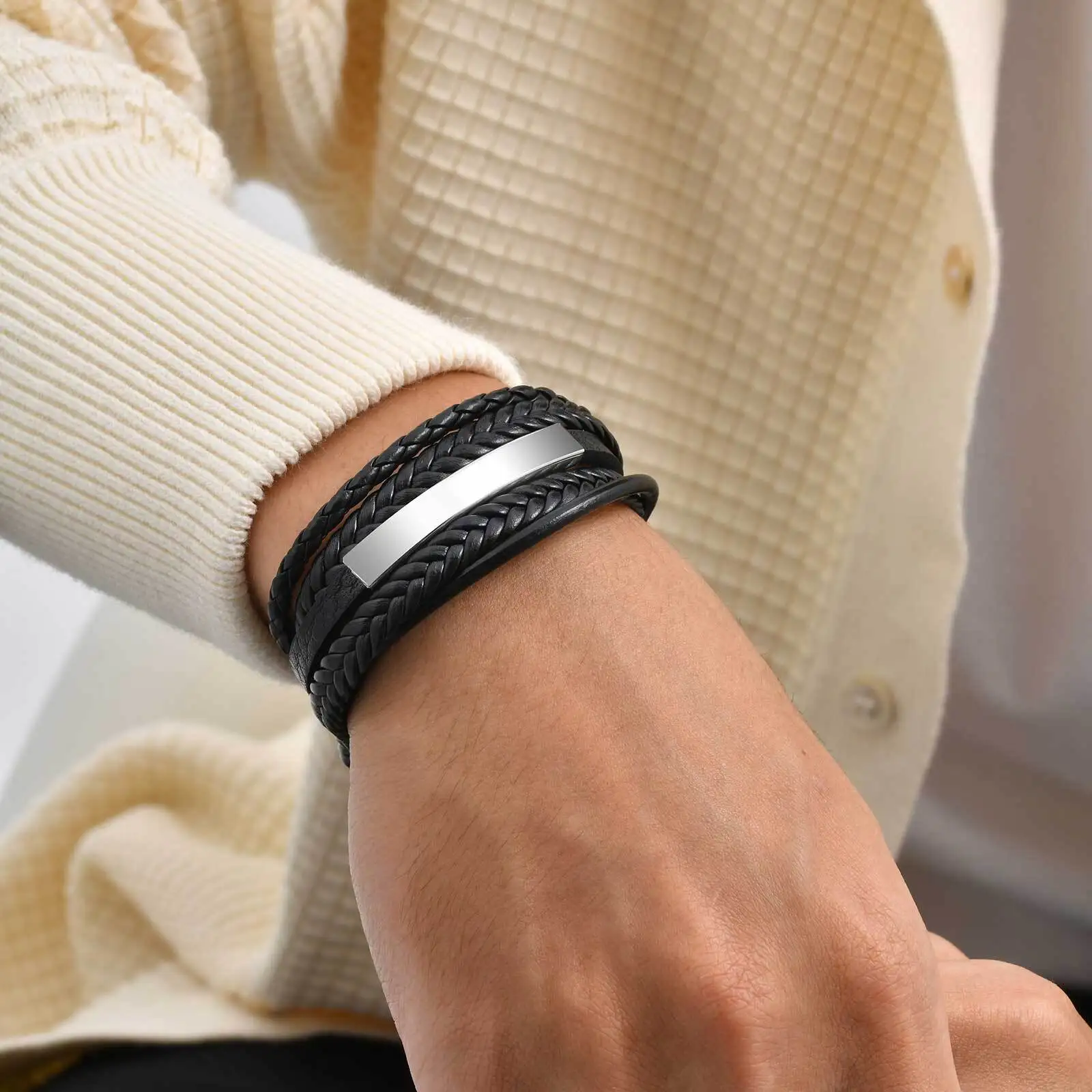 Free Custom Men's Chunky Leather Bracelet,Stainless Steel Long Bar Charm Wristband,Personalized Jewelry Gift