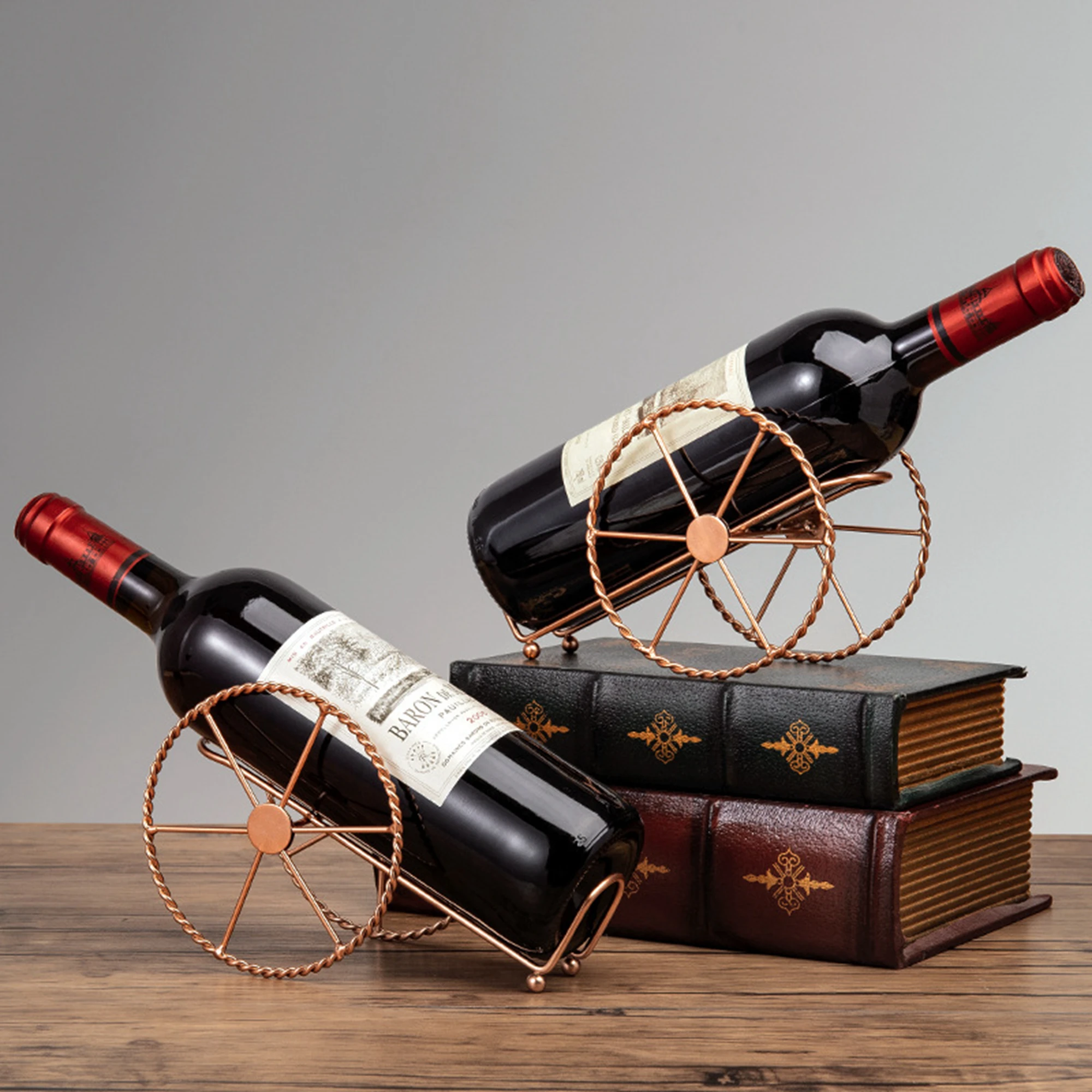 Retro Metal Red Wine Rack Bronze Iron Wheels Design Wine