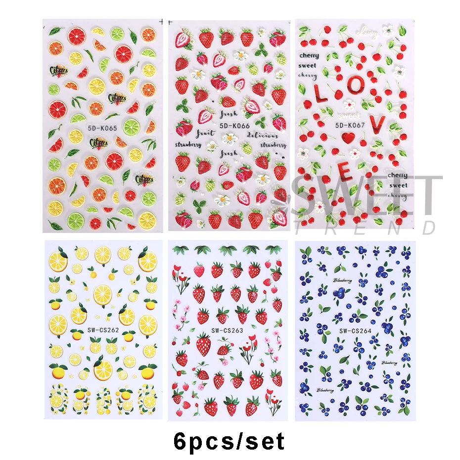 1/6pcs Lemon Fruit Nail Art Stickers 3D/5D Embossed Summer Strawberry Cherry Nail Slider Decals Women DIY Manicure Decoration