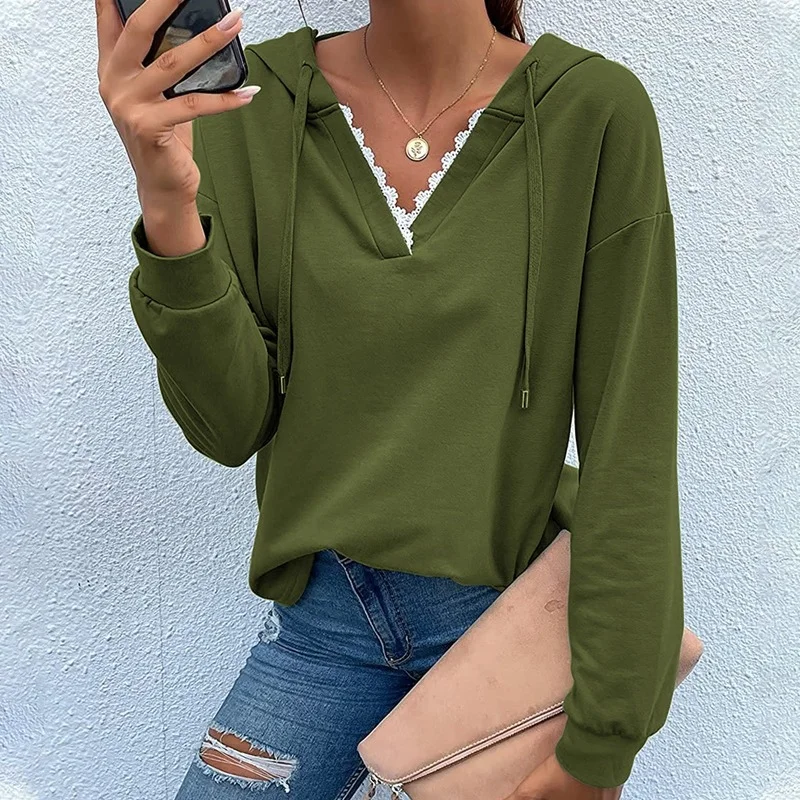Women's Pullover Lace Patchwork V Neck Tops Casual Long Sleeve Pocket Sweatshirts New Fashion Solid Color Hoodies Fashion Jumper
