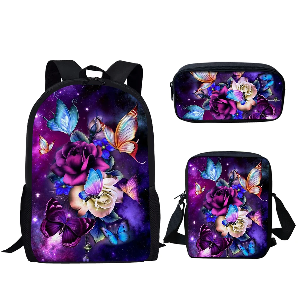 

Colorful Butterfly Rose Print 3Pcs School Bags for Teenagers Girls Casual Backpack for Primary Student Bookbag Mochila Escolar