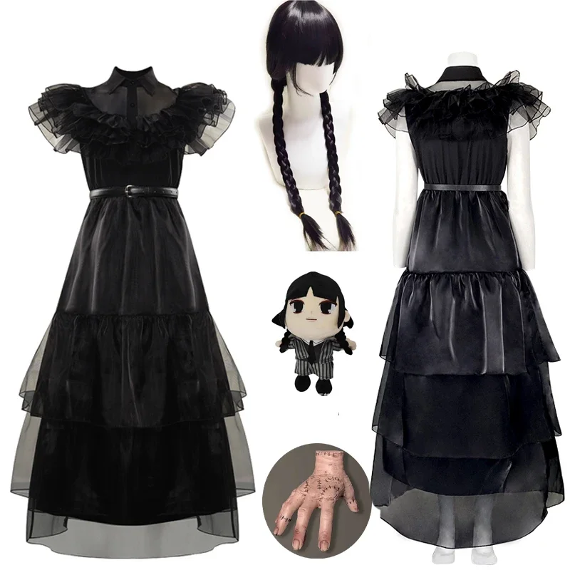 

Костюм для косплея средней длины adдамс, черное бальное платье с коротким рукавом, наряды для женщин, детский вечерний костюм на Хэллоуин, Искусственные парики для ролевых игр