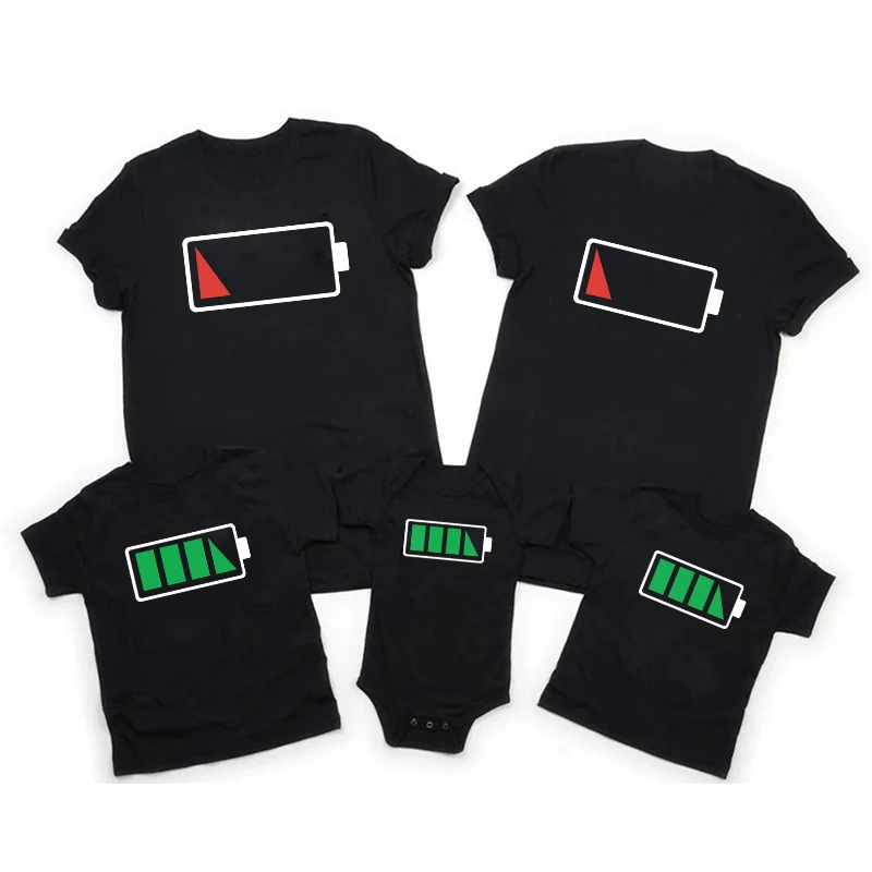 Funny Battery Print Family T Shirt Daddy Son Family Matching T-shirts Parent-child Family Clothes Kids Casual Tops Tee 2