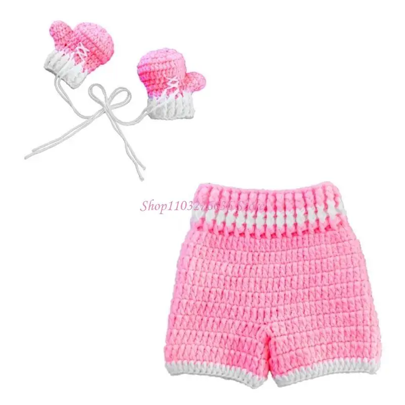 R6FD Baby Häkeln Neugeborenen Foto Cool Boy Kostüme Boxhandschuhe Hosen Kleidung Set – Detail 7