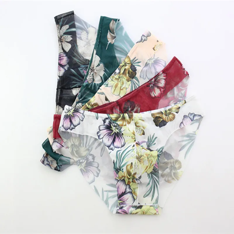 

Men's underwear mesh transparent low waisted sexy printed borderless shorts youth U-shaped