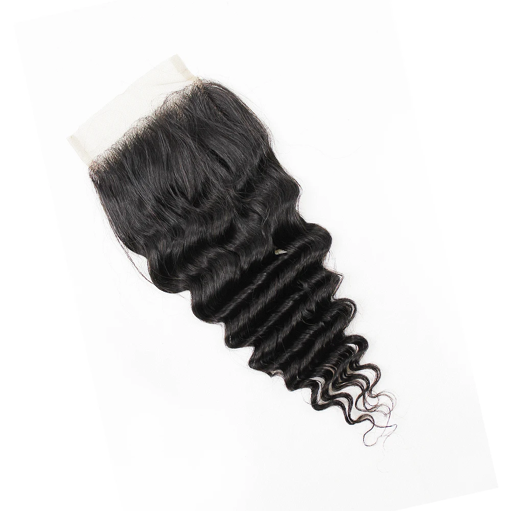 Deep Wave 5*5 & 4*4 Lace Closure Remy Indian Human Hair Hand-tied Top Closures 150 Density Natural Color Hair Extension