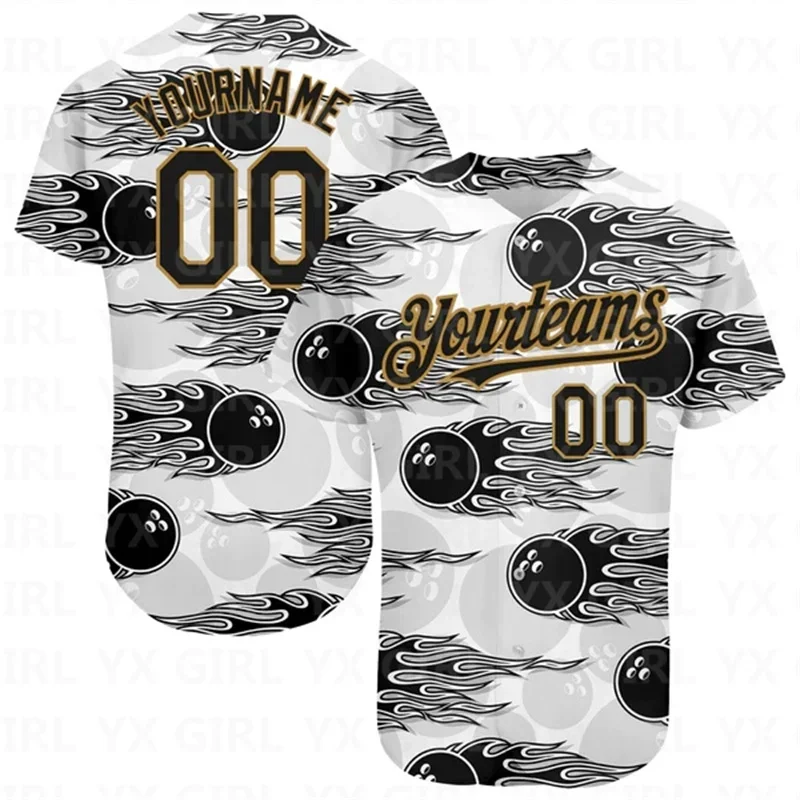 

Custom White Black-Old Gold 3D Pattern Design Bowling Ball With Hotrod Flame Authentic Baseball Jersey Casual Shirts