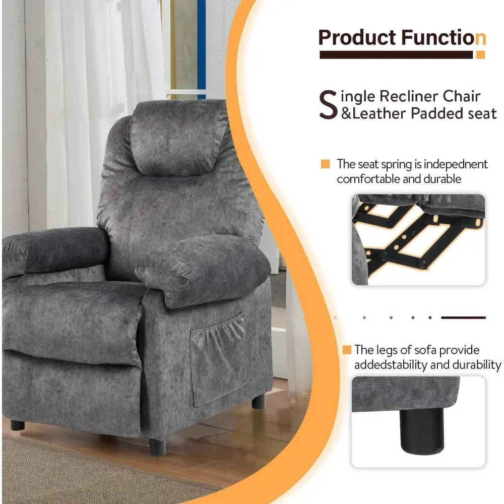 Overstuffed Massage Recliner Chair Living Room Chairs for Adults Fabric Manual Small Recliner with Heating Push Back