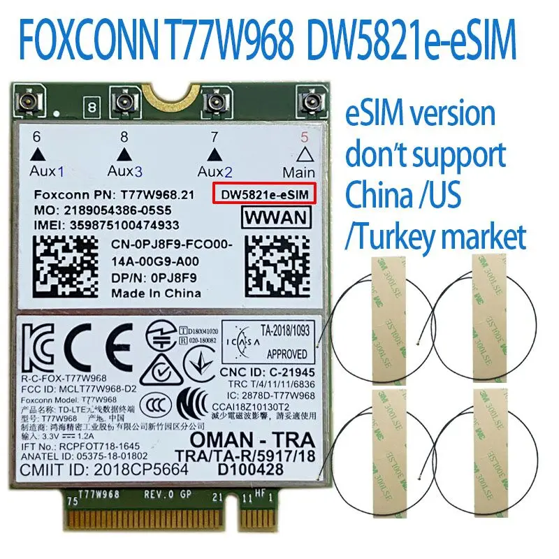 Usb T77w968 Dw5821e Lte Cat16 Gnss 4g Módulo Cartão Wwan para Dell Latitude 5420 5424 7424 Robusto Latitude 7400 7400 2-in Antenas