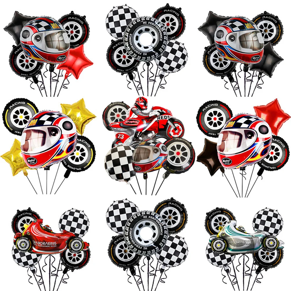 

5PCS Race Car Themed Party Decor Motorcycle Helmet Tire Wheel Foil Balloons Boy Hot Wheels Birthday Supplies Two Quick Birthday