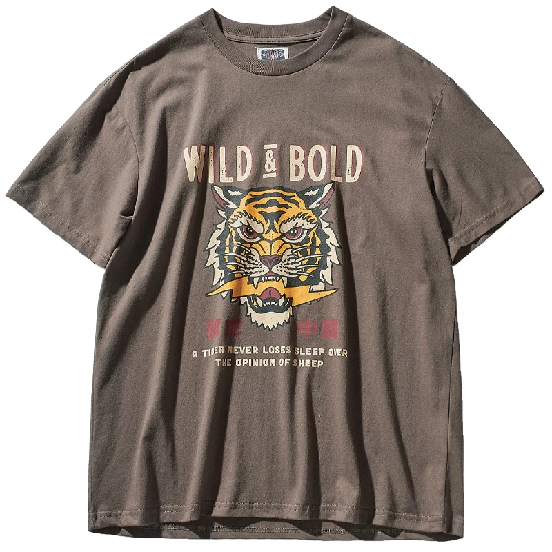 

Summer New American Retro Short Sleeve Tiger Head Printed T-shirt Men's Fashion 100% Cotton Washed Old Loose Couple Casual Tops