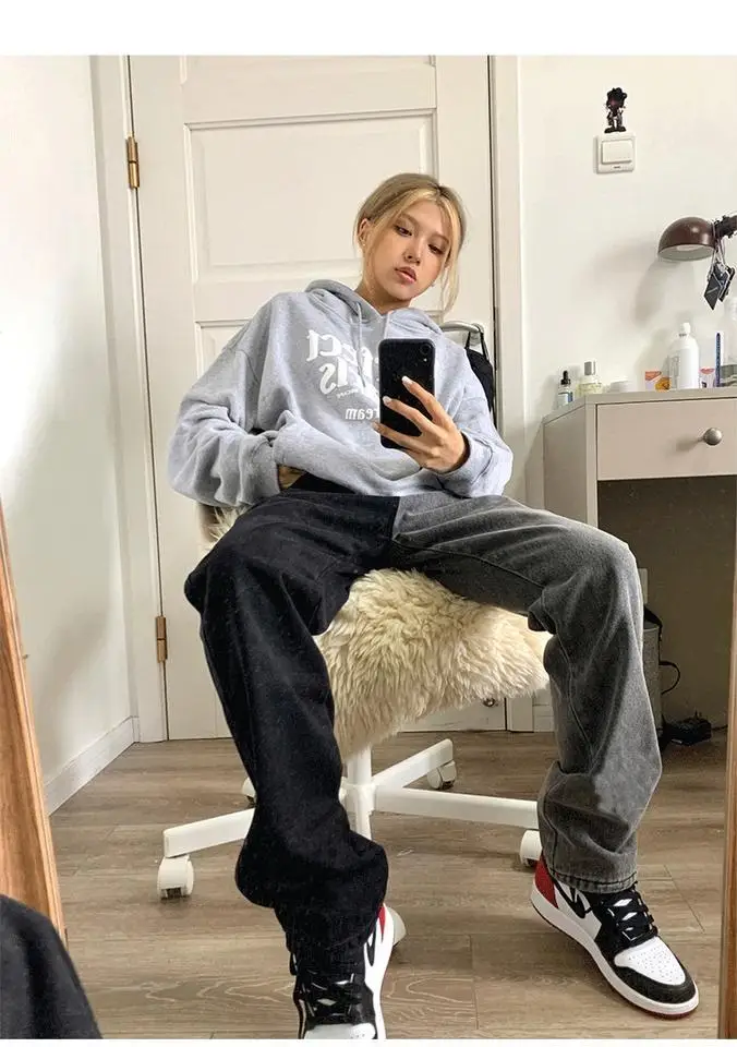 Women Jeans Contrast Color High Waist Full Length Straight Gray Black Female Pants 2022 Spring Streetwear Casual Ladies Jeans old navy jeans