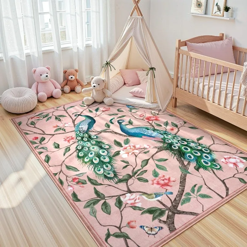 Modern Art Living Room Carpet Floral Bird Peacock Motif Machine Washable Non-slip Bedroom Rug Creative Cloakroom Plush Mat Tapis
