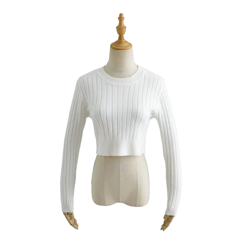 Women White Basic Style Crop Thick Knit Cropped Jumper