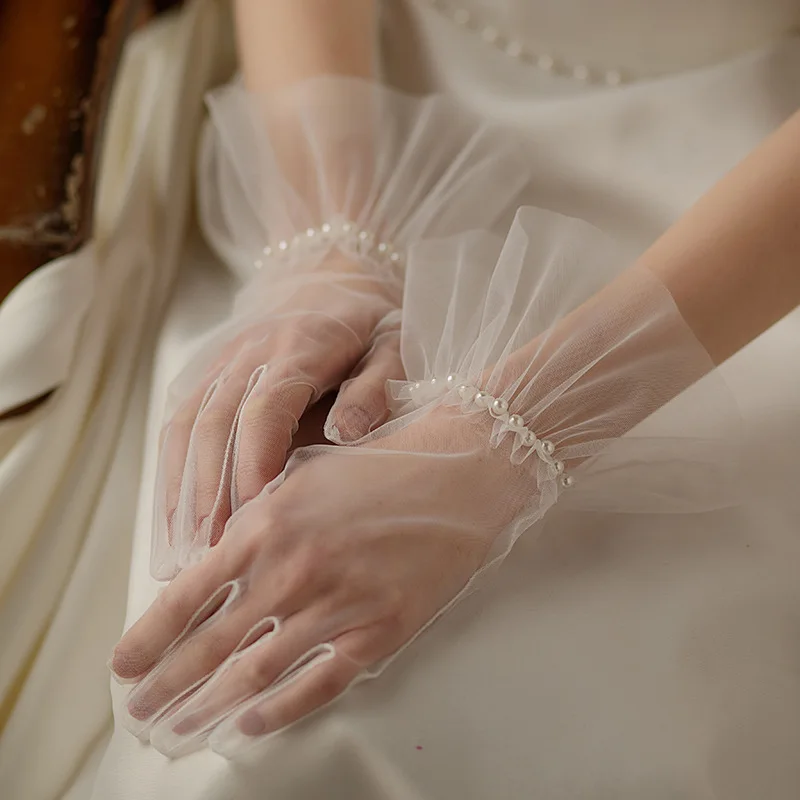 

100% Same 28cm Off White Tulle Wedding Gloves with Pearls Transparent Fingers Bride Accessory Women Bridal Glove