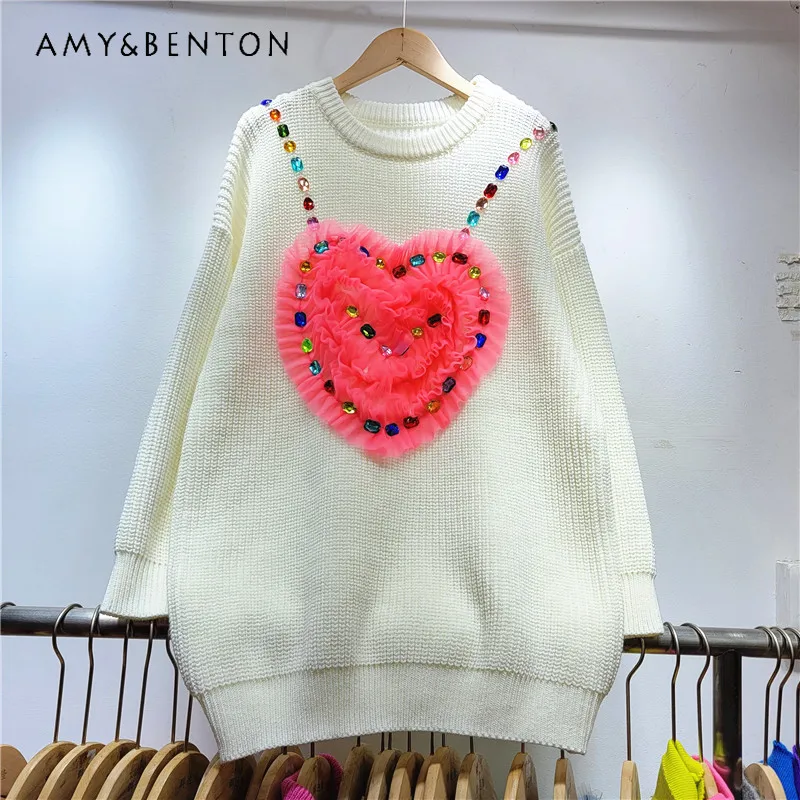 

2023 Autumn And Winter New Heavy Industry Rhinestone Stitching Mesh Love Design Loose Pullover Knitted Sweater Y2k Clothes Women