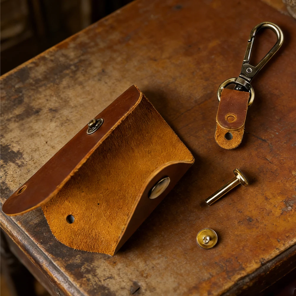 Premium Leather Key Holder with Snap Closure - Vintage Design