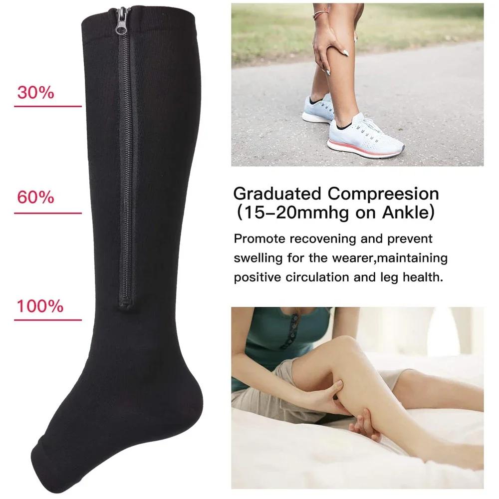 Zipper Compression Socks - Open Toe Knee High Graduated Pressure