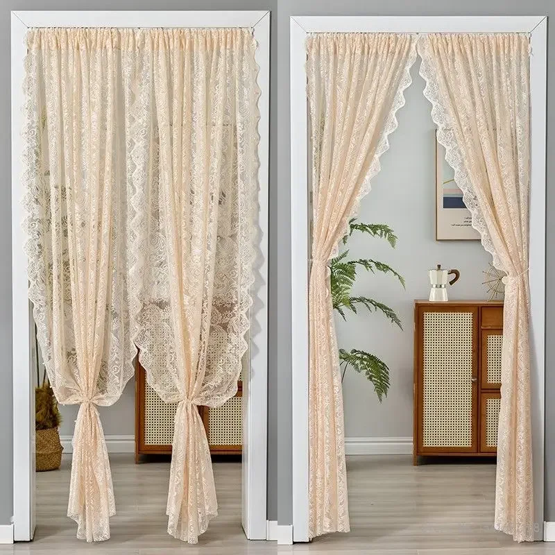 Anti-Mosquito and Insect-proof Lace Curtain Bedroom Decorative Door Curtain, Pearl White, Green, Coffee, Free Punch, Summer, 1Pc