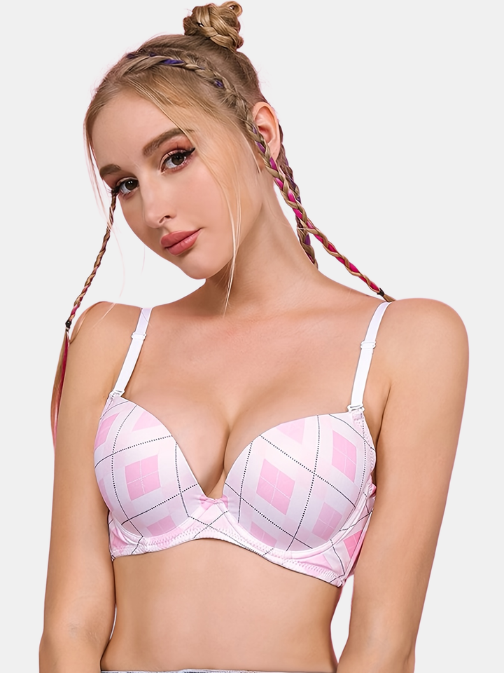 Girl's pink fashionable daily underwear with steel rims, breathable and sweat absorbing, cup grid flower gathering bra